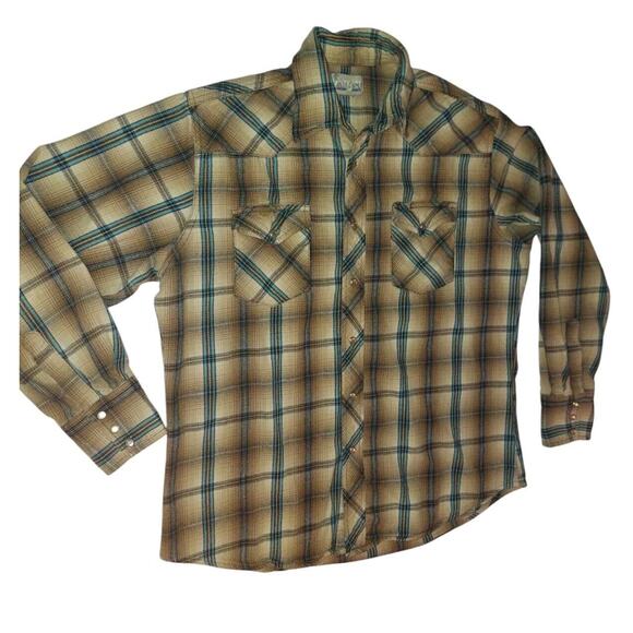 VINTAGE WRANGLER WRANCHER PEARL SNAP SHIRT MENS L BEIGE BLUE WESTERN - Picture 1 of 6